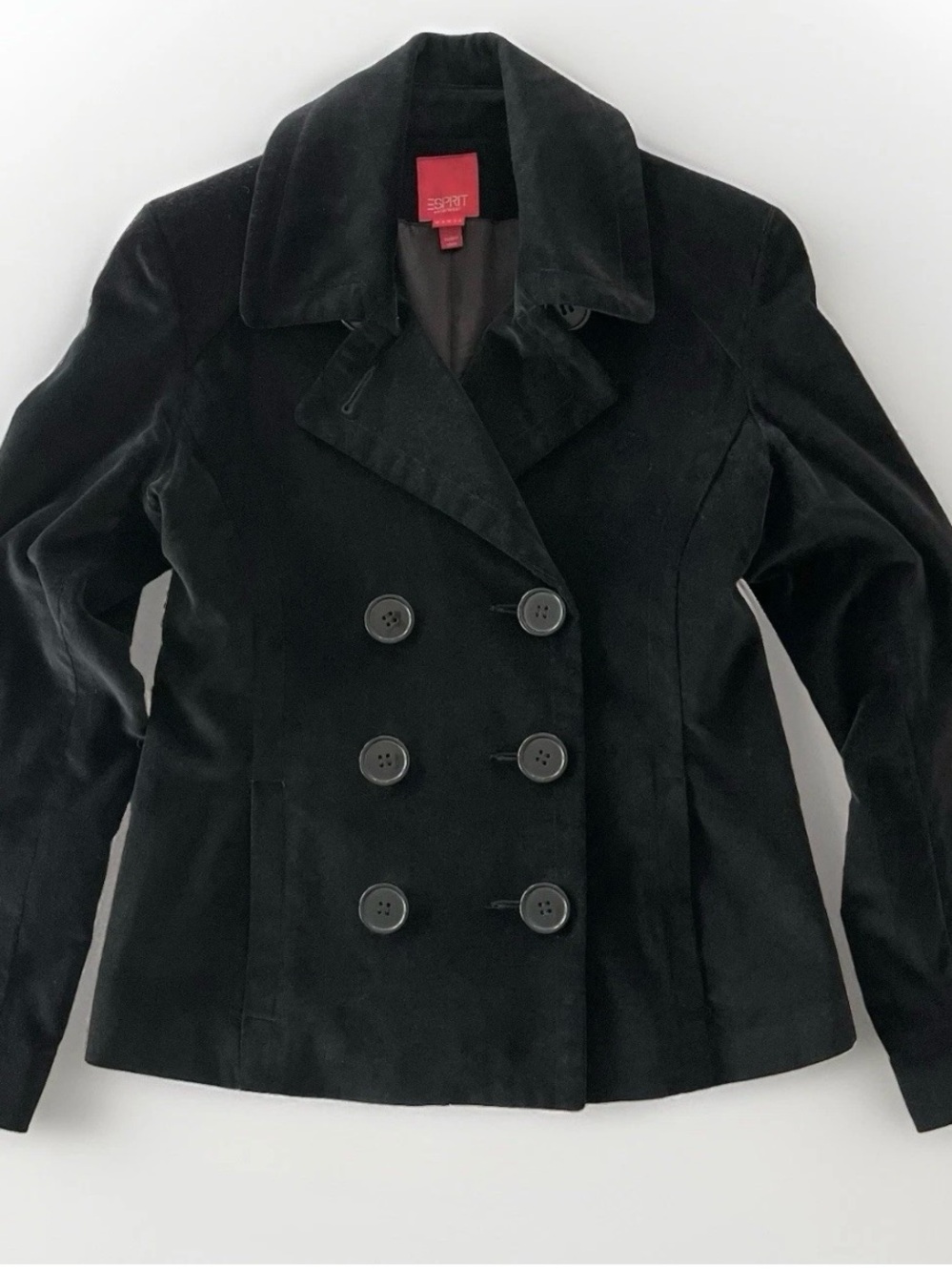 Vintage 90s Esprit Black Velvet Pea
Coat Women's Small Double
Breasted